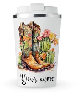 MAXIKIWI - Personalized Insulated Double Walled, Leakproof Stainless Steel Mug, Coffee or Tea Travel Tumbler with Lid, Keep Drinks Hot and Cold - Vintage Western World Cowboy - 350ml
