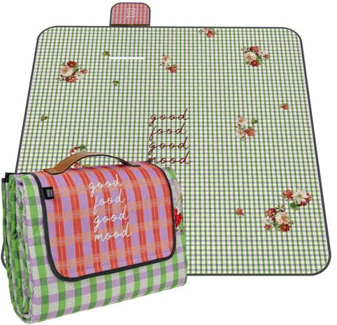 PERLETTI Picknickdecke Wasserdicht Faltbar Groß 200x200 - Outdoor Camping Decke mit Tragegurt - Stranddecke Strandmatte Washbar für Strand Park Festival Picknick (Kariert mit Blumen, 200x200 cm)