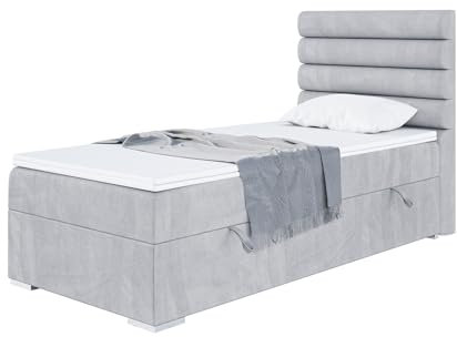 MEBLINI Boxspringbett mit Bettkasten - Gepolstert Einzelbett mit Matratze und Topper - Polsterbett mit Stauraum - Bett mit Kopfteil - Stauraumbett - Karim - 80x200 Rechts - H3/Hellgrau Samt