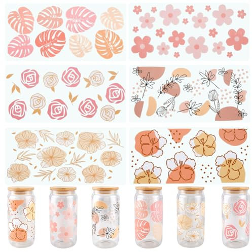 SOFPLATE 6Pcs 6 Styles UV DTF Cups Wraps Glass Cup Sticker Wrap Bulk Colorful Transparent Plastic Rose Flower Floral Leaves Waterproof Decals Stickers for Tumblers Wood Decoration DIY Crafts Supplies