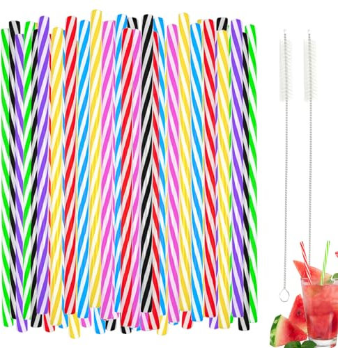 120 Stück Bunt Strohhalme Plastik, 7 Farben Hart Strohhalme Wiederverwendbar mit 2 Strohhalmbürste, Verdickte Trinkhalme Plastik für Säfte Cocktails Smoothie Milch Kaffee, L 23cm×D 6,3mm
