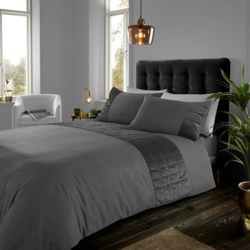 Lions Charcoal Bedding - Crushed Velvet Panel Duvet Cover Set, King Size Bed (230 x 220cm) with Matching Pillowcase, 3 Piece Quilt Covers, Super Soft Touch Luxury Bedding Sets
