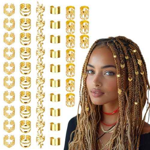 BOHUIZ 50PCS Gold Haarschmuck für Zöpfe Zubehör Loc Schmuck für Haare Dreadlocks Einstellbare Haar Ringe Haar Manschette Haar Charms Zopfschmuck Haarperlen Dekorationen für Männer Frauen(Gold)