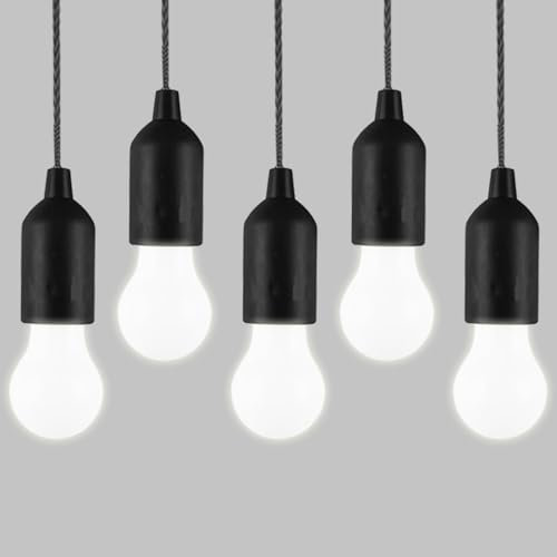 HYVCZP Confezione da 5 lampadine LED con cordino, comode lampadine da appendere, alimentate a batteria, luce notturna portatile, da usare per feste, campeggio, barbecue e riunioni (nero)