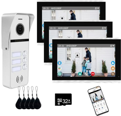 Videoportero con cable para apartamentos 3 unidades Videoportero con monitor táctil de 10 pulgadas, Kit de videoportero inalámbrico,Desbloqueo con tarjeta IC para (1 timbre blanco+3 monitor plata)