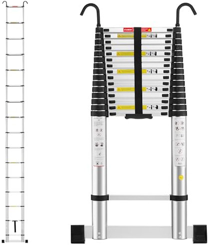 TEENO Scala Telescopica 6,2 m in Alluminio, Stabile Scala con Barra Stabilizzatrice e Ganci Staccabili, EN131 Scalas Pieghevole Portatile Adatto per lavori in casa/all'aperto, Carico 150 KG/330lb