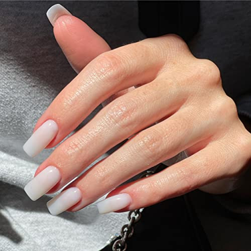 KQueenest White Press on Nails Long Square, White False Nails Long Medium Coffin, Glossy Natural Solid Color Fake Nails Set, Reusable Gel Stick on Nail for Women Finger Daily Wear 24 Pcs