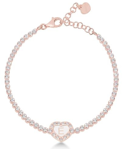 Bracciale tennis in argento rose con cuore lettera E