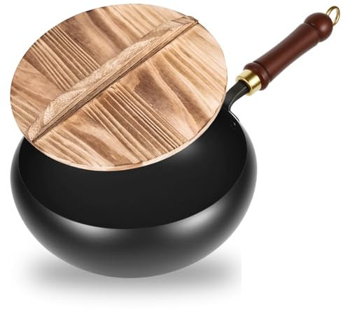 Padella in ferro forgiato, 24 cm, non rivestita, in ferro forgiato a mano, con coperchio in legno, grande vaso, per fornelli a gas e induzione