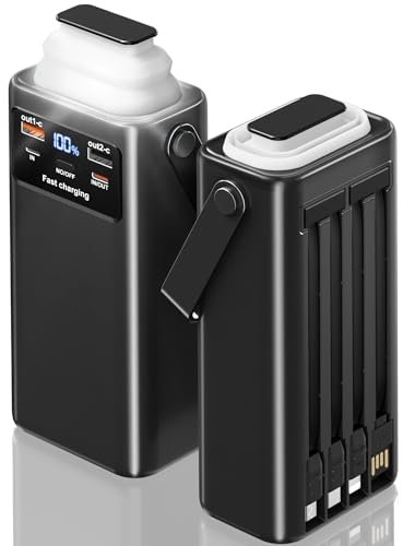 60000mA Power Bank large capacity with 4 cable and Scalable lamp, 40W fast charging external battery USB-C 7 outputs and 2 inputs LED display Power Bank compatible with Samsung iPad Android etc
