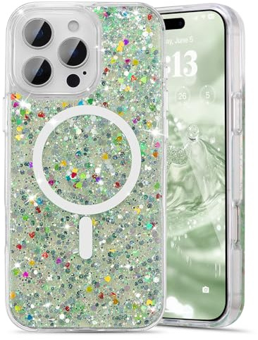 UEEBAI Glitter Case Magnetic for iPhone 11, Luxury Shiny Bling Sparkly Phone Case, Compatible with MagSafe, Wireless Charge, Crystal Diamonds Shiny Cover for Women - Green