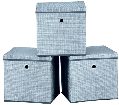 A406 Foldable Storage Cube Boxes Set of 3 Fabric Storage Boxes with Lids, Space Saving Fabric Cube Storage Boxes for Clothes, Toys, Storage Organiser (Grey, 30x30x30cm)