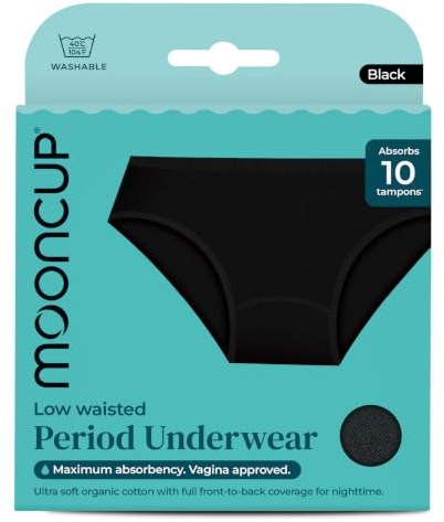 Mooncup Slip Menstruali Vita Bassa, Assorbono Fino a 10 Assorbenti Interni, Lavabili in Lavatrice, L - UK Size 14, Nero (Confezione da 1) | Biancheria intima riutilizzabile in cotone biologico con massima assorbenza (fino a 10 tamponi), copertura a 180°