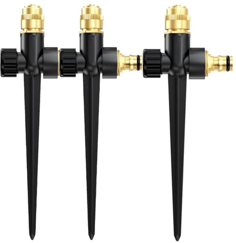 Mental Lawn Sprinkler for Yard, 3 Pack Automatic Garden Water Sprinkler on Spike Base, Adjustable Brass Sprinkler Nozzle 360 Degree Large Area Coverage for Lawn Grass Patio Garden Irrigation（Black)