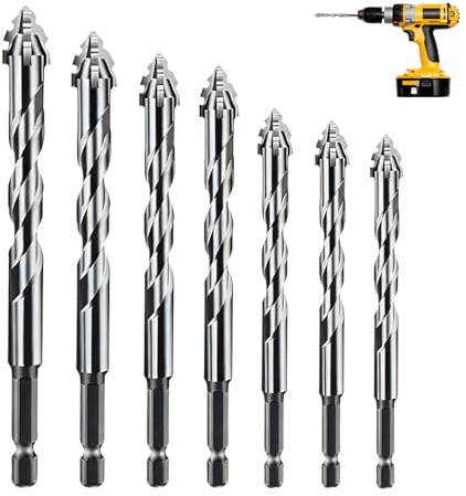 Exzenterbohrer Set, 7-Teiliger Vierschneidiger Sägezahn Exzenterbohrer mit 4 Schneiden, 3/4/5/6/8/10/12 mm Hochfeste Bohrer, Hochfeste Exzenter-Bohrer Sets, für Beton, Glas, Mauerwerk, Holz, Metall