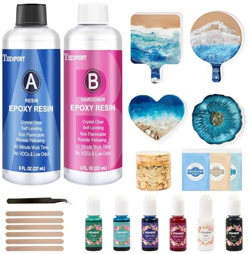 Teexpert Epoxidharz Set Anfänger, 474ML/16OZ Kristallklares Epoxyharz Starter-Set mit Untersetzer- und Tablett-Formen, Pigmenten, Harzzubehör, Gießharz-Schmuckherstellungsset für Kunsthandwerk