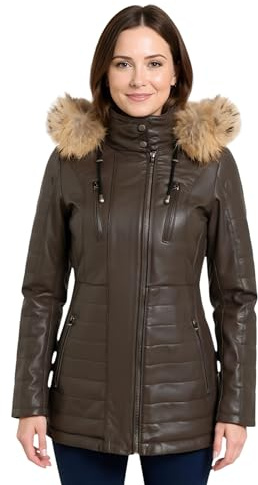 Women’s Leather Parka Jacket – Quilted Slim Fit Trench Coat with Detachable Fur-Lined Hood & Zip Pockets