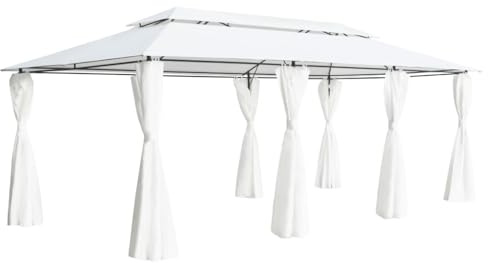 QJBSAVVA Pavillon 600 x 298 x 270 cm Weiß Stahlrohr UV-beständiger Gewebezelt mit seitlichen Vorhängen für Garten Hochzeit Grill Camping und Event