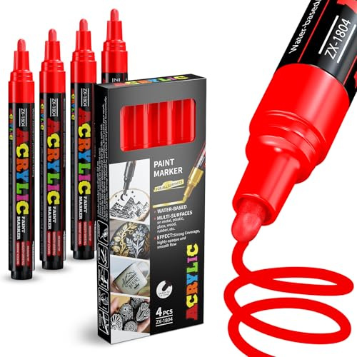 Alitastro 4 Red Paint Marker Pens Medium Tip Acrylic Paint Markers | Waterproof, Quick Drying, Fade Resistant Water-based Marker Pen for Rock Painting, Tires, Wood, Plastic, Canvas, Mugs, Stone