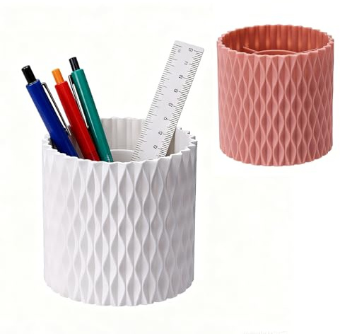 Kaiyzo Lot de 2 Organisateurs de Bureau​ Rotatifs 360°, 2 en 1 Pot à Crayon​ et Rangement Maquillage​ en PP Épais (11.5 x 12 cm), Blanc et Rose