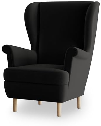 Masseno Ohrensessel LENTIO, Lounge Sessel im Glamour Stil mit Armlehnen, Komfort Polsterstuhl für Esszimmer, Wohnzimmer, Bein aus Holz, Kronos 07