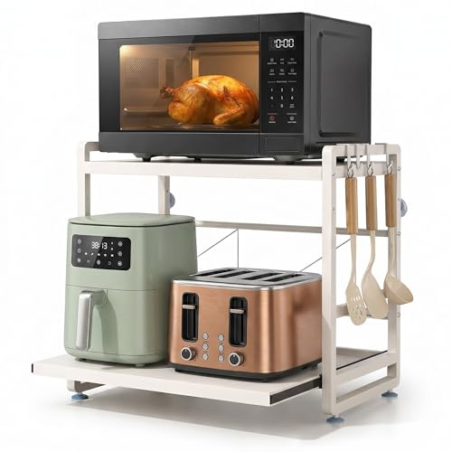 KITCHAHOME - Soporte Ajustable para Microondas Blanco con Bandeja Extraíble, Estante Extensible Antideslizante con Ventosas, Organizador de Cocina Firme, Alta Resistencia y Gran Capacidad de Carga