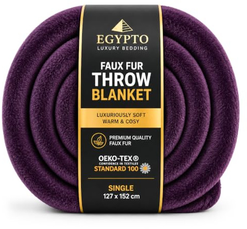 EGYPTO Single Fleece Blanket 127cm x 152cm | Luxury Faux Fur Throws for Sofas | Anti-Allergy Cozy & Soft Throw | Versatile Plum Throw Blanket for Sofa & Bed