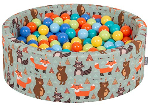 KiddyMoon Rund Bällebad Bällepool 90X30cm/200 Bälle ∅ 7Cm Ballgruben Mit Bunten Bällen Für Babys Spielbad Kleinkinder, Hergestellt In Der EU, Füchse-Grün:Hellgrün/Orange/Türkis/Blau/Babyblau/Gelb