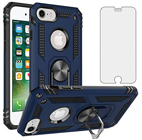 Phone Case for iPhone 6/6s/7/8 with Tempered Glass Screen Protector Stand Ring Holder Shockproof Silicone Heavy Duty Accessories i Phone6s Phone7s Phone7phone Six Seven 6a i6 i7 i8 7s 8s S Blue