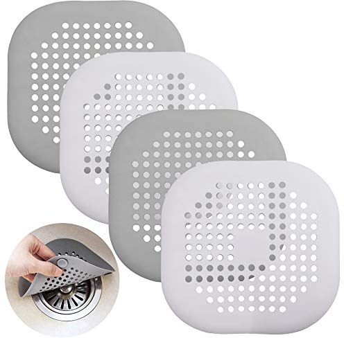 Senhai 4 Piezas Silicona Protector de Drenaje con lechón Colador Fregadero Ducha Pelo colector Bañera Cubierta de Drenaje para Cocina Baño- Gris Blanco