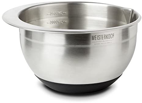 MEISTERKOCH Schüssel 2,5 Liter aus Edelstahl in silberfarben, mit Innenskalierung und Ausguss, rutschfester Boden, Rührschüssel, Salatschüssel, Schale, Bowl, ideal zum Mischen, stapelbar