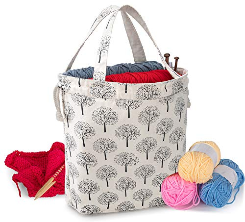 Teamoy Knitting Tote Bag with Drawstring Closure, Travel Project Wrist Bag for Knitting Needles, Yarn and Crochet Supplies, Multipurpose, Perfect Size for Knitting on The Go, Tree