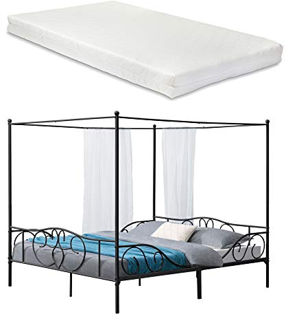 [en.casa] Himmelbett Finström mit Kaltschaummatratze 180x200cm Metallbett mit Matratze ÖKO-Tex Standard 100 Jugendbett Bett Schwarz