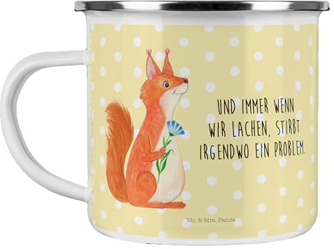 Mr. & Mrs. Panda Camping Emaille Tasse Eichhörnchen Blume - Geschenk, Camping Becher Edelstahl, Emaille Campingbecher, Emaille Tasse Camping, Gute