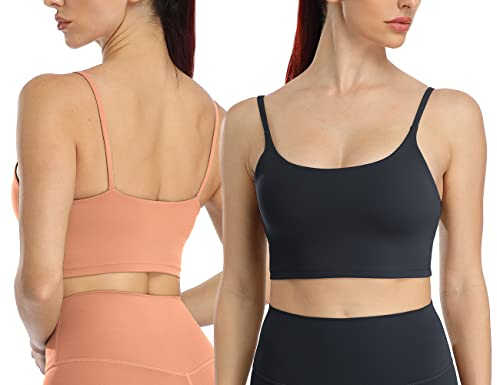 icyzone Damen Sport-BH Camisole Stretch Fitness Crop Top mit BH Gepolstert Yoga Bra, 2er Set (M, Black/Coral Peach)