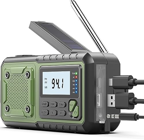 Radio de emergencia de manivela de 5000 mAh, radio meteorológica, radios solares que funcionan con pilas, radios de alerta meteorológica NOAA/AM/FM con cargador de teléfono de banco de energía, alarma