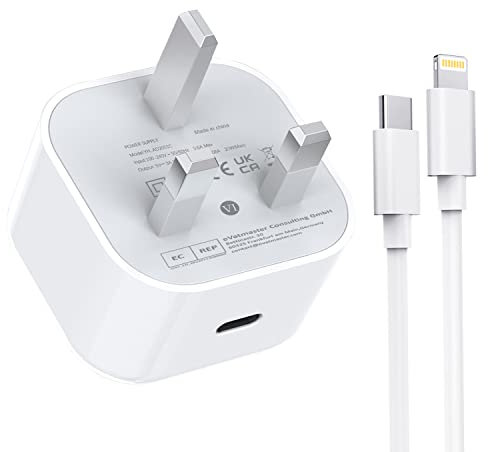 Apple MFi Certified 20W USB C Fast Charger - UK Type C Power Adapter with 2M iPhone Cable for iPhone 14/13/12 Pro Max/Mini/11/XR/X/8/iPad