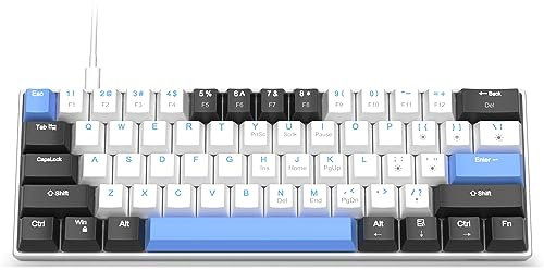 60 Percent Mechanical Gaming Keyboard,Black White Blue Mixed Color Keycaps Gaming Keyboard with Brown Switches, Detachable Type-C Cable Mini Keyboard with Blue LED Light for Windows/Mac/PC/Laptop