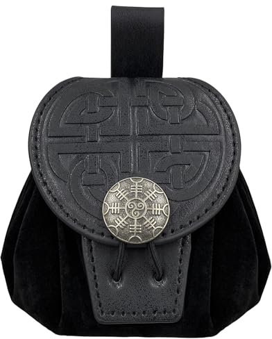 HiiFeuer Mittelalterliche Gürteltasche aus geprägtem Kunstleder, Retro Renaissance Portable Gürteltasche Portemonnaie Würfelbeutel für LARP Ren Faire/Karneval (Schwarz C)