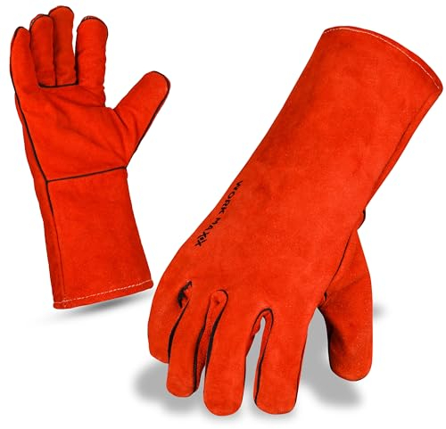 WORK MAXX WELDING GLOVES GAUNTLET PAIR LEATHER STOVE BURNER FIRE OVEN HEAT RESISTANT RED (1, RUBY RED)