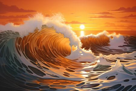 Acryl-Bild 60 x 40 cm: Große Welle auf dem Meer bei Sonnenuntergang. 3D-Rendering-Illustration. (213063937)