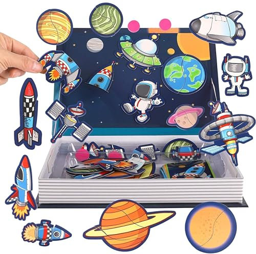 SGM 8726-33 Magnetic Puzzle Book Play Scene for Kids Imagination Play | Mix and Match Game with Travel Storage Case (Space Conquest)