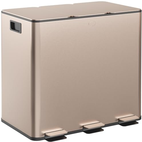 HOMCOM Triple Kitchen Bin, 3 x 15L Pedal Bin, Stainless Steel Three Rubbish Bin with Soft Close Lid, Removable Inner Buckets, Fingerprint-Proof for Recycling and Waste, Gold Tone