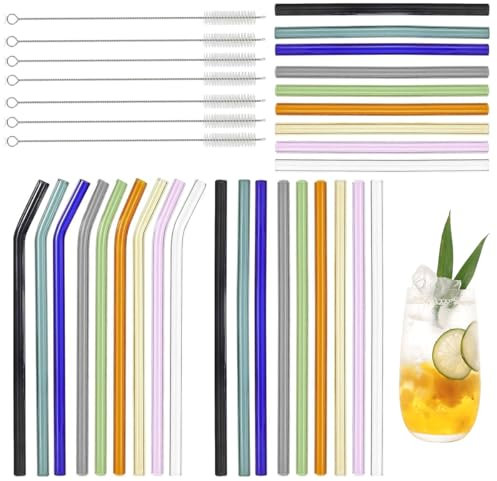 Glasstrohhalme Bunt Wiederverwendbar 34 Stück, Glasröhrchen 9 * 21.5cm Gebogen und 9 * 21.5cm Gerade Wiederverwendbar, 9 * 15cm* kurz Strohhalme Glas Farbige mit 7 Reinigungsbürsten