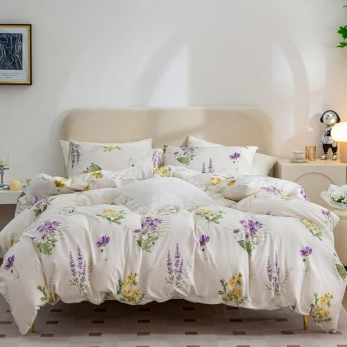Tospass Blumen Bettwäsche 200x200cm Weiß Lila Bunt Floral Bettwäsche Set Pflanzen Blätter Mädchen Mikrofaser Wende Bettwäsche 1 Bettbezug mit Reißverschluss 2 Kissenbezug 80x80cm