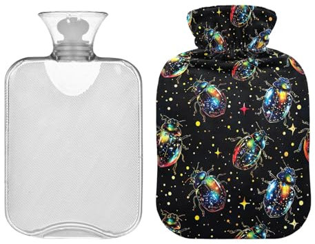 Bouillotte avec housse - 2 l - Pour crampes menstruelles, cou, épaules, douleurs dorsales, mains et pieds - Coccinelles fluo et étoiles