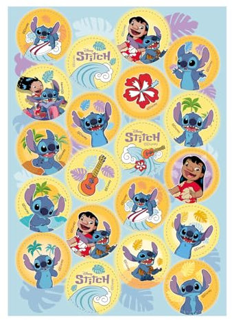 dekora - Decoración para Repostería de Cumpleaños Infantiles - Mini Discos de Stitch 3,4 cm - Disco de Papel Comestible para Galletas, Cupcakes, Tartas Sin Gluten ni Lactosa - Apto para Vegetarianos