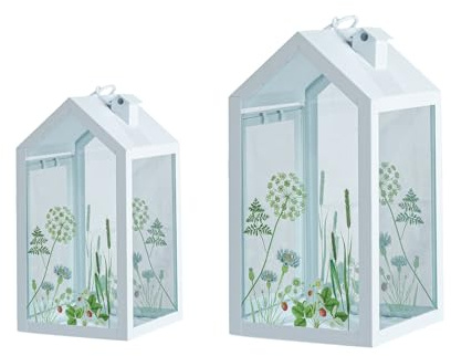 GILDE 2er Set Laterne Wild Flowers aus Metall - matt weiß - Blumenmotiv - Hausform - 2 Größen