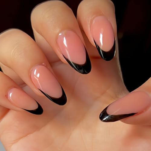 24-Piece Short Almond Press-On False Nails, Black French Tips, Nude Pink | Includes Adhesive Tabs, Glossy Curved Detailing, For At-Home Manicures And Coordinating With Monochrome Outfits