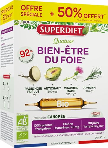 SUPERDIET - QUATUOR BIEN-ÊTRE DU FOIE BIO - Radis noir, Artichaut, Chardon Marie, Romarin - Fabrication française - Format économique - 30 ampoules